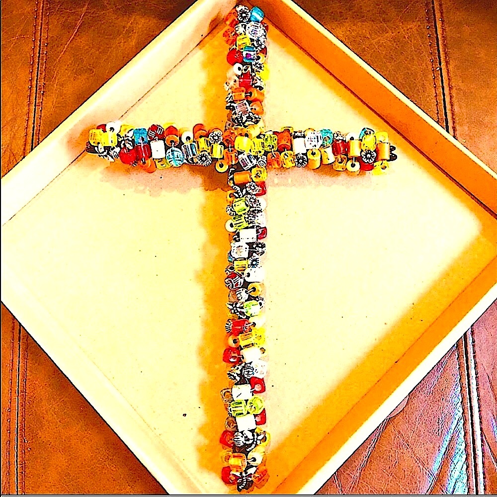 BEADED CROSS BIG LAMPWORK GLASS BEAD SILVER FLOWERS HANDMADE WIRE ABOUT 9” x 11”